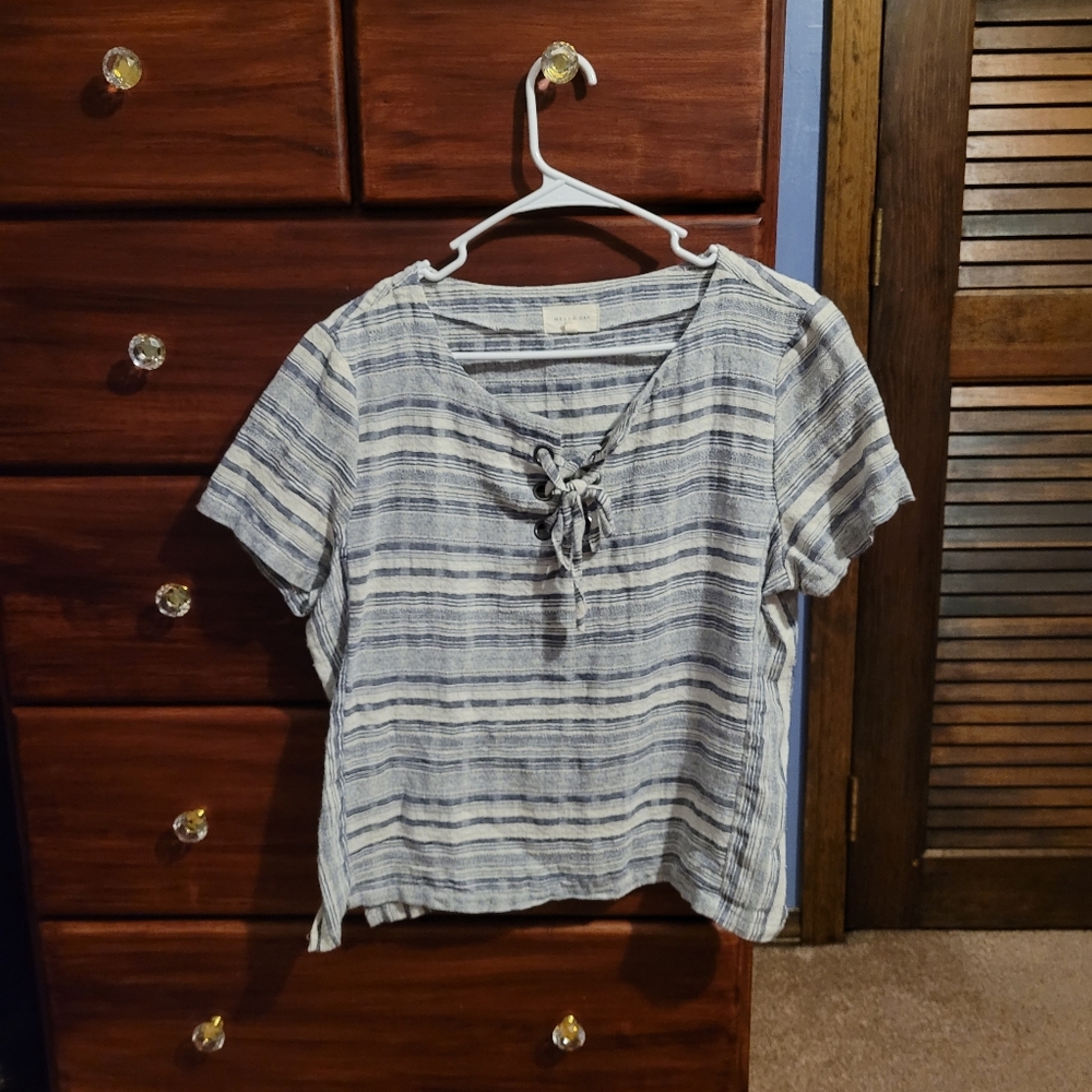 Melló Day Striped Tee Shirt White Navy Blue Women's Medium M Poncho Top Tied